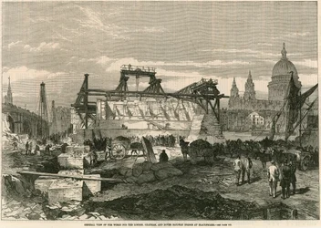 Gesamtansicht der Arbeiten für die London, Chatham und Dover Eisenbahnbrücke in Blackfriars, London