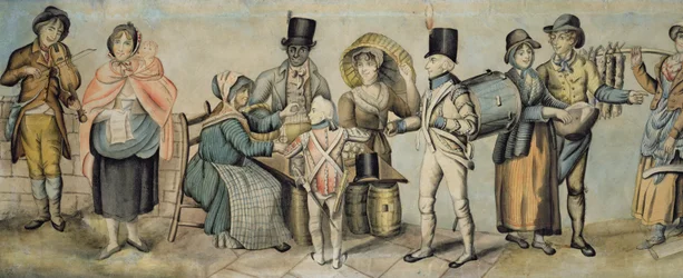 Zum Jahrmarkt gehen, Detail einer musikalischen Familienaufführung und Apfelverkäufer, um 1815 (Aquarell und Gouache auf Papier)