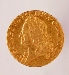 Goldene englische Guinea, Regierungszeit von König George II (1714-1760) 18. Jahrhundert. Durchm. 2,5 cm Neapel, Archäologisches Museum
