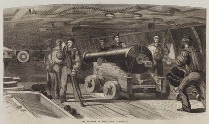 Schießübungen an Bord der HMS "Brilliant" (Gravur)