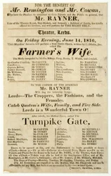 Handzettel, der eine einmalige Aufführung von Mr. Rayner in "Die Frau des Bauern" und "Turnpike Gate" im Theater von Leeds bewirbt