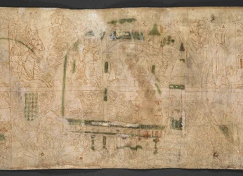 Harley Roll Y 6, Rundel 16v, Auf der Rückseite der Rundels 14-18 befinden sich eine Reihe von Zeichnungen aus dem 14. Jahrhundert, in zwei Registern, mit Szenen aus dem Buch I Samuel, Kapitel 1-4, aus dem 