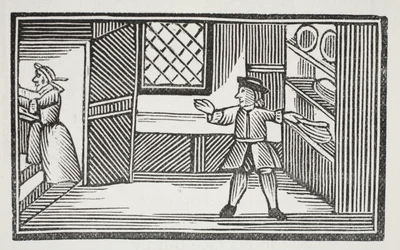 Er ging in die Speisekammer und bediente sich am Brot und Butter, Illustration aus Chap-books des achtzehnten Jahrhunderts von John Ashton, veröffentlicht 1882