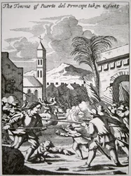 Henry Morgan erobert und plündert die Stadt Puerto de Principe, Kuba, 1668, Illustration aus 