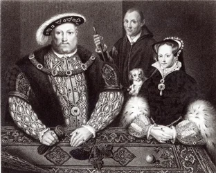 Heinrich VIII., seine Tochter Königin Maria und Will Somers, nach einem Ölbild aus dem 16. Jahrhundert, posthum gemalt, 1821