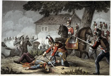 Horse Guard auf dem Schlachtfeld von Waterloo in „Historical, military and naval anecdotes and incidents that arrived at the British Armies and their allies, ending at Waterloo“ von Edward Orme. Illustriert von Fry, Sutherland, Clark, Dubourg, W.Heart, JA,