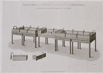 Humphry Davys (1778-1829) galvanisches Apparatur an der Royal Institution, veröffentlicht 1808