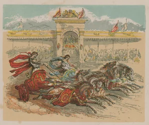 Illustration, die zwei Streitwagen darstellt