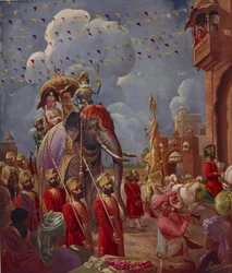 Indische Prozession mit Elefant, Gemälde von Sobha Singh, aus dem indischen Supplement der Illustrated London News