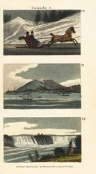 Einwohner von Quebec fahren mit einer Pferdekutsche oder einem Schlitten auf Eis, Blick auf Montreal und Blick auf die Niagarafälle