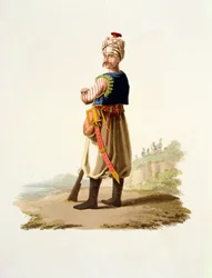 Janitschar, aus Kostüme der verschiedenen Nationen, Band VII, Die Militärtracht der Türkei, von Thomas MacLean, veröffentlicht ca. 1800-18