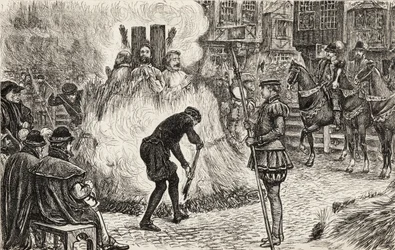 John Bland, John Frankesh, Nicholas Sheterden und Humphrey Middleton lebendig verbrannt wegen Ketzerei im 16. Jahrhundert, um 1865 (Holzstich)