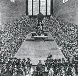 König James I (1566-1625) im Parlament, 1624