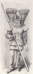 Kingsmill-Insulaner in voller Rüstung, aus Die Geschichte der Menschheit, Bd.1, von Prof. Friedrich Ratzel, 1896