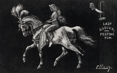 Lady Godiva reitet nackt auf einem Pferd durch die Straßen von Coventry, beobachtet von einem Spanner