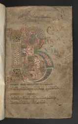 Großer Initial mit Tierkopf-Endstücken, Flechtwerk und Blattdekoration in Rosa, Orange, Gelb, Grün und Blau