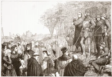 Lord Cobham bei einer Lollardenpredigt, Illustration aus Die Geschichte des Protestantismus von James Aitken Wylie, veröffentlicht 1878