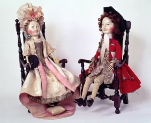 Lord und Lady Clapham, Holzpuppen aus der Zeit von William und Mary, spätes 17. Jahrhundert, um 1680er
