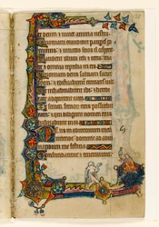 MS 1-2005, fol. 98r: Ein Bettler und ein wohlhabendes Schwein (?), Randdekoration aus dem Macclesfield Psalter, Use of Sarum, Ostanglien, um 1330