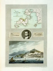 Karte von Elba und Ansicht von Porto Ferraio mit Porträt von Napoleon und Faksimile seiner Unterschrift, 1815