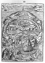 Karte der Insel Utopia, Buchfrontispiz, 1563