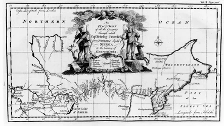 Karte der Route von Vitus Bering über Sibirien nach Kamtschatka, aus Navigantium atque Itinerantium Bibliotheca, veröffentlicht 1744