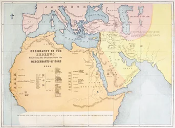 Karte, die die Geographie der Hebräer zeigt und die Verbreitung der Nachkommen Noahs darstellt