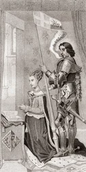 Margarete von Dänemark mit St. Knut, dem Schutzpatron von Dänemark, hinter ihr, der ein Banner mit dem Kreuz der Kreuzzüge hält