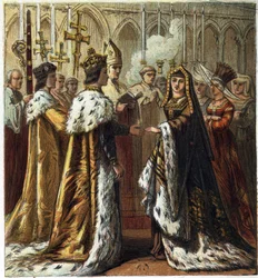Heirat von Heinrich VII., König von England (1457-1509), mit Elizabeth von York (1466-1503) am 18. Januar 1486. Heirat von Heinrich VII. und Elizabeth von York. Chromolithographie in „Pictures of English History“ veröffentlicht von George Routledge & Sons.