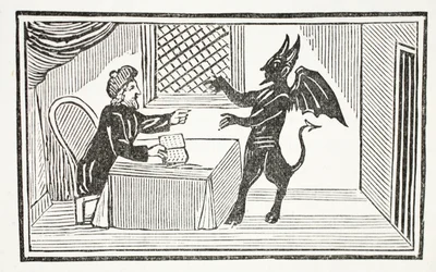 Mephistopheles kommt zum Haus des Doktors, Illustration aus Chap-books of the Eighteenth Century von John Ashton, veröffentlicht 1882