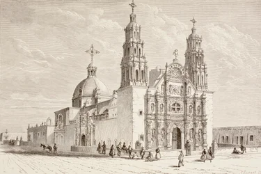 Metropolitankathedrale auf der Plaza de Armas, Chihuahua, Mexiko im neunzehnten Jahrhundert (Litho)