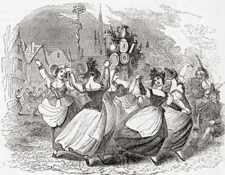 Tanz der Milchmädchen, mit einem Stapel Teller, Maifeiertag, England, aus "Old England: A Pictorial Museum", veröffentlicht 1847