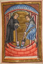 Miniatur von Cuthbert, der mit einem Mönch eine Wassergrube für seine Einsiedelei auf der Insel Farne gräbt, aus Kapitel 18 von Bedes Prosaleben des Heiligen Cuthbert.
