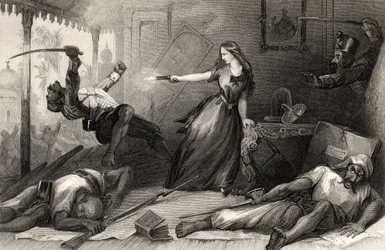 Miss Wheeler verteidigt sich 1857 in Cawnpore gegen Sepoys, aus „The History of the Indian Mutiny“, veröffentlicht 1858