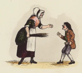 Mutter oder Schulmeisterin diszipliniert einen Jungen mit einem Hornbuch (farbige Gravur)