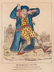 Mr. Joseph Grimaldi als Clown, beleuchtet den Eingang zur Old Gutter Lane