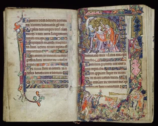 Ms 1-2005, ff.38v-39r: Die Salbung Davids, historisiertes D-Initial aus dem Macclesfield Psalter, Gebrauch von Sarum, Ostanglien, ca. 1330