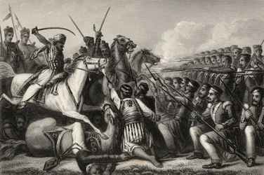 Meuternde Kavallerie greift ein Infanteriequadrat in der Schlacht von Cawnpore 1857 an, aus 