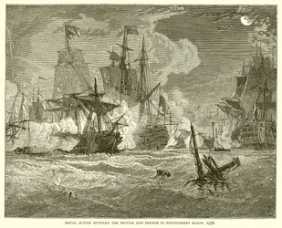 Seeschlacht zwischen den Briten und Franzosen in den Gewässern von Pondicherry, 1758