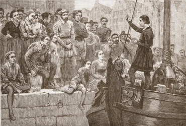 Nikolaus predigt der Menge von einem Boot auf der Schelde, Illustration aus Die Geschichte des Protestantismus von James Aitken Wylie, veröffentlicht 1878