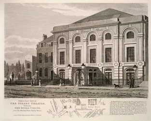 Nordostansicht des Surrey Theaters, ehemals The Royal Circus in der Nähe des Obelisken, Great Surrey Street, 1814