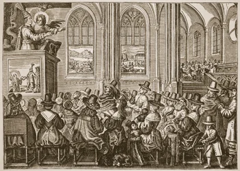 Oliver Cromwell predigt vor einer puritanischen Gemeinde, Illustration aus Die Kirche von England: Eine Geschichte für das Volk von H.D.M. Spence-Jones, veröffentlicht um 1910