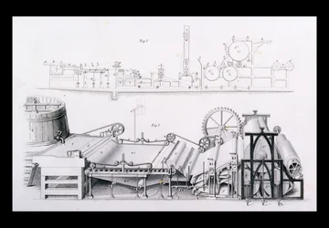 Papiermaschine aus der Enzyklopädie der nützlichen Künste & Manufakturen, herausgegeben von Charles Tomlinson, ca. 1880er Jahre