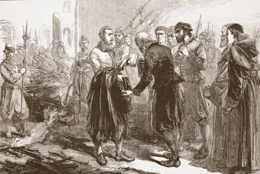 Abschied von Patrick Hamilton von seinen Freunden am Scheiterhaufen, Illustration aus The History of Protestantism von James Aitken Wylie, veröffentlicht 1878