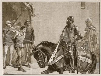 Piers Gaveston vor dem Earl of Warwick, Illustration aus Cassells Illustrierter Geschichte Englands