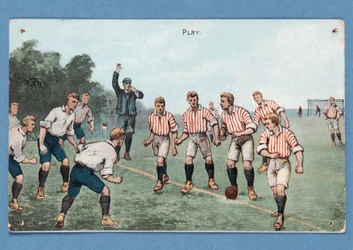 Spiel, Postkarte, die ein Fußballspiel darstellt