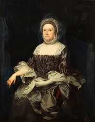 Porträt von Deborah Worsley von Platt, sitzend in Dreiviertellänge, in einem mauvefarbenen Kleid mit weißem Spitzenkragen und -manschetten, ein Paar Handschuhe haltend, ca. 1760