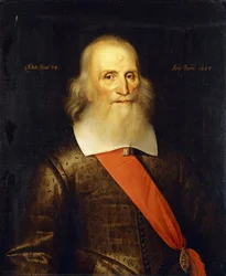 Porträt von Sir Oliver Cromwell, 84 Jahre alt, Halbfigur, in einer bestickten Weste mit weißem Kragen und roter Schärpe, 1647