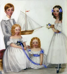 Porträt von vier Kindern mit einem Segelboot und einem Kätzchen, ca. 1830