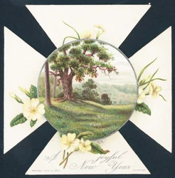 Primeln und Landschaftsszene, Neujahrskarte